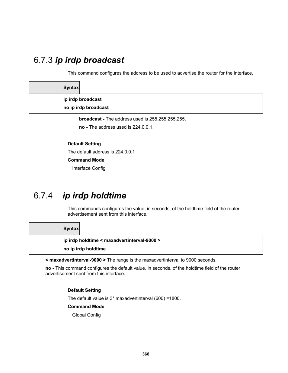 3 ip irdp broadcast, 4 ip irdp holdtime | Fortinet MR1 User Manual | Page 368 / 640