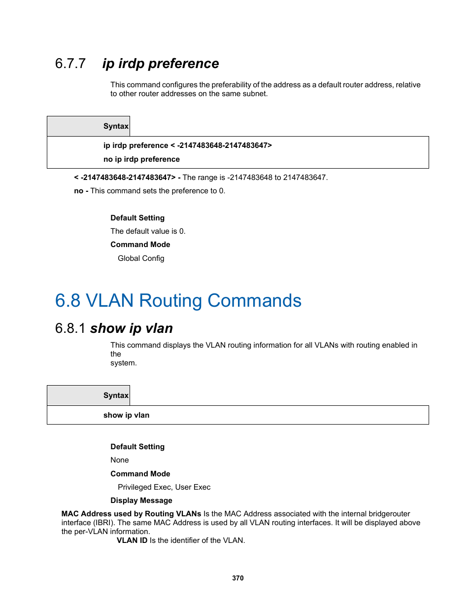 7 ip irdp preference, 8 vlan routing commands, 1 show ip vlan | Fortinet MR1 User Manual | Page 370 / 640