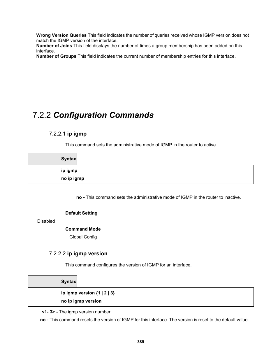 2 configuration commands, 1 ip igmp, 2 ip igmp version | Fortinet MR1 User Manual | Page 389 / 640