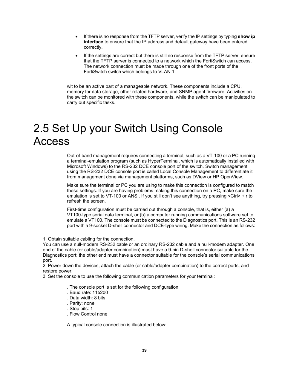 5 set up your switch using console access | Fortinet MR1 User Manual | Page 39 / 640