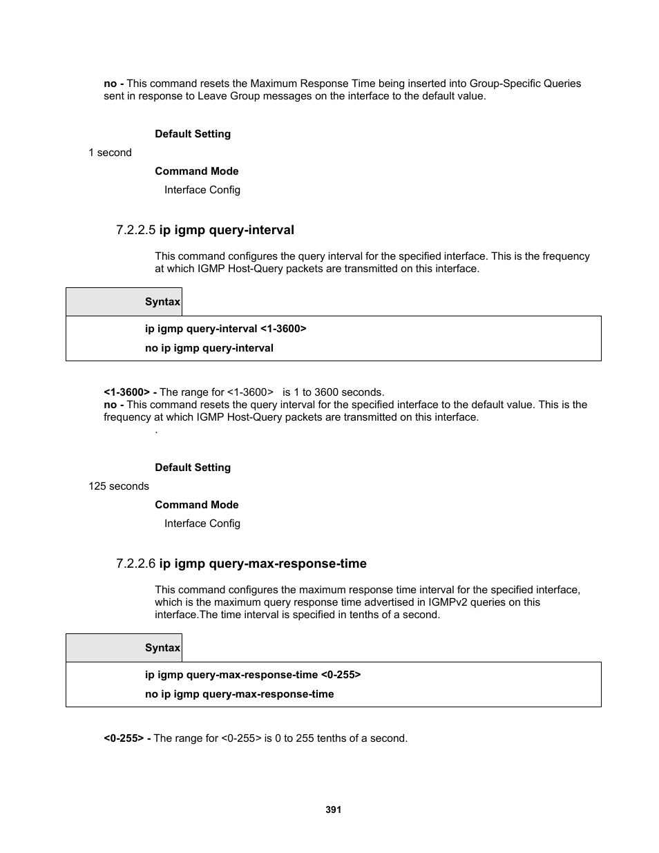 5 ip igmp query-interval, 6 ip igmp query-max-response-time | Fortinet MR1 User Manual | Page 391 / 640