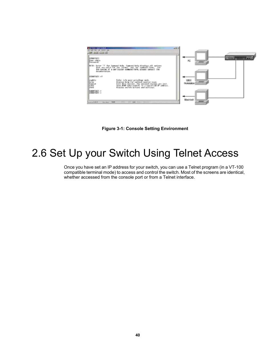 6 set up your switch using telnet access | Fortinet MR1 User Manual | Page 40 / 640