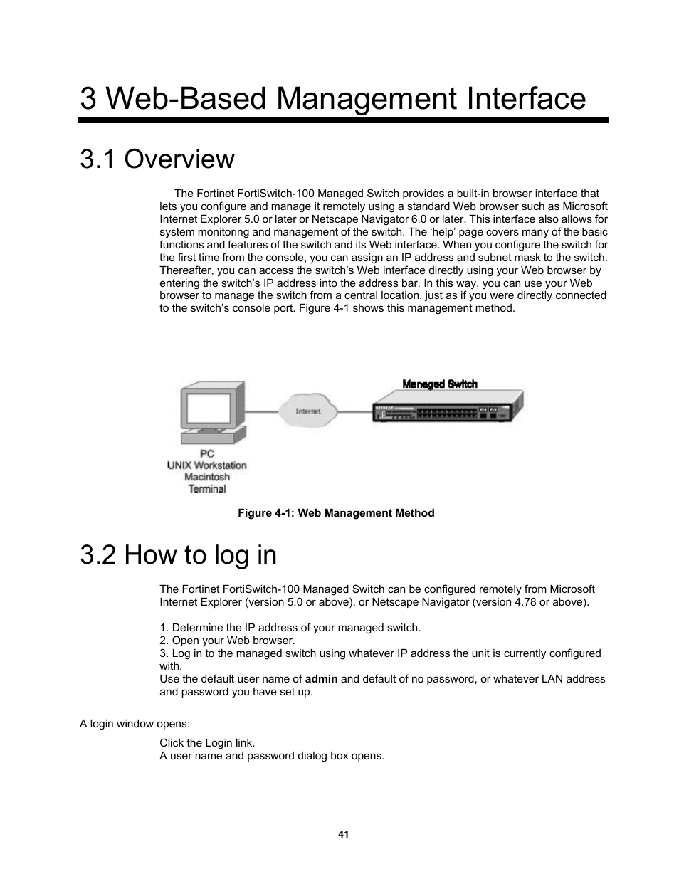 3 web-based management interface, 1 overview, 2 how to log in | Fortinet MR1 User Manual | Page 41 / 640