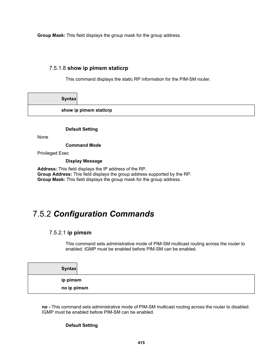 2 configuration commands, 8 show ip pimsm staticrp, 1 ip pimsm | Fortinet MR1 User Manual | Page 415 / 640