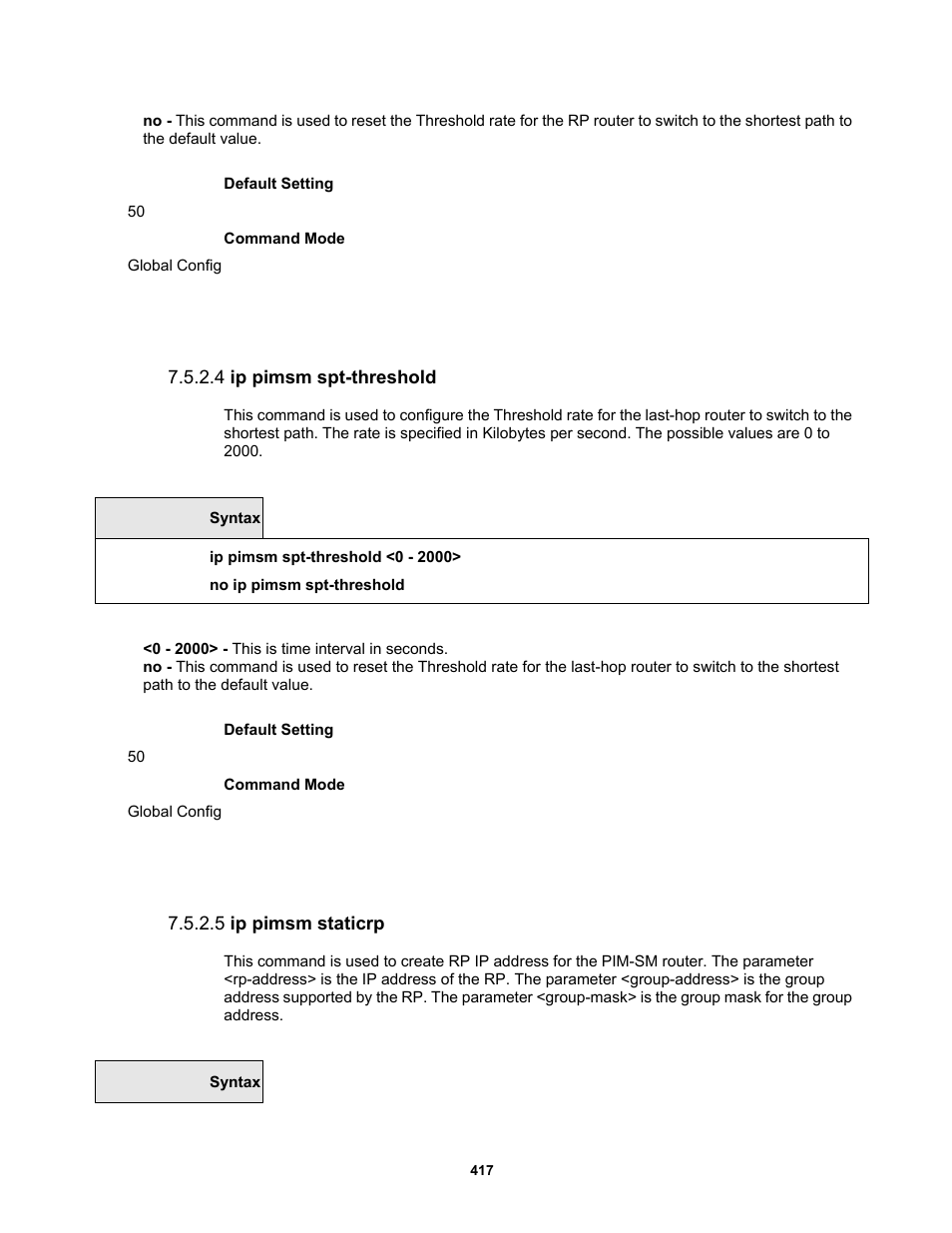 4 ip pimsm spt-threshold, 5 ip pimsm staticrp | Fortinet MR1 User Manual | Page 417 / 640