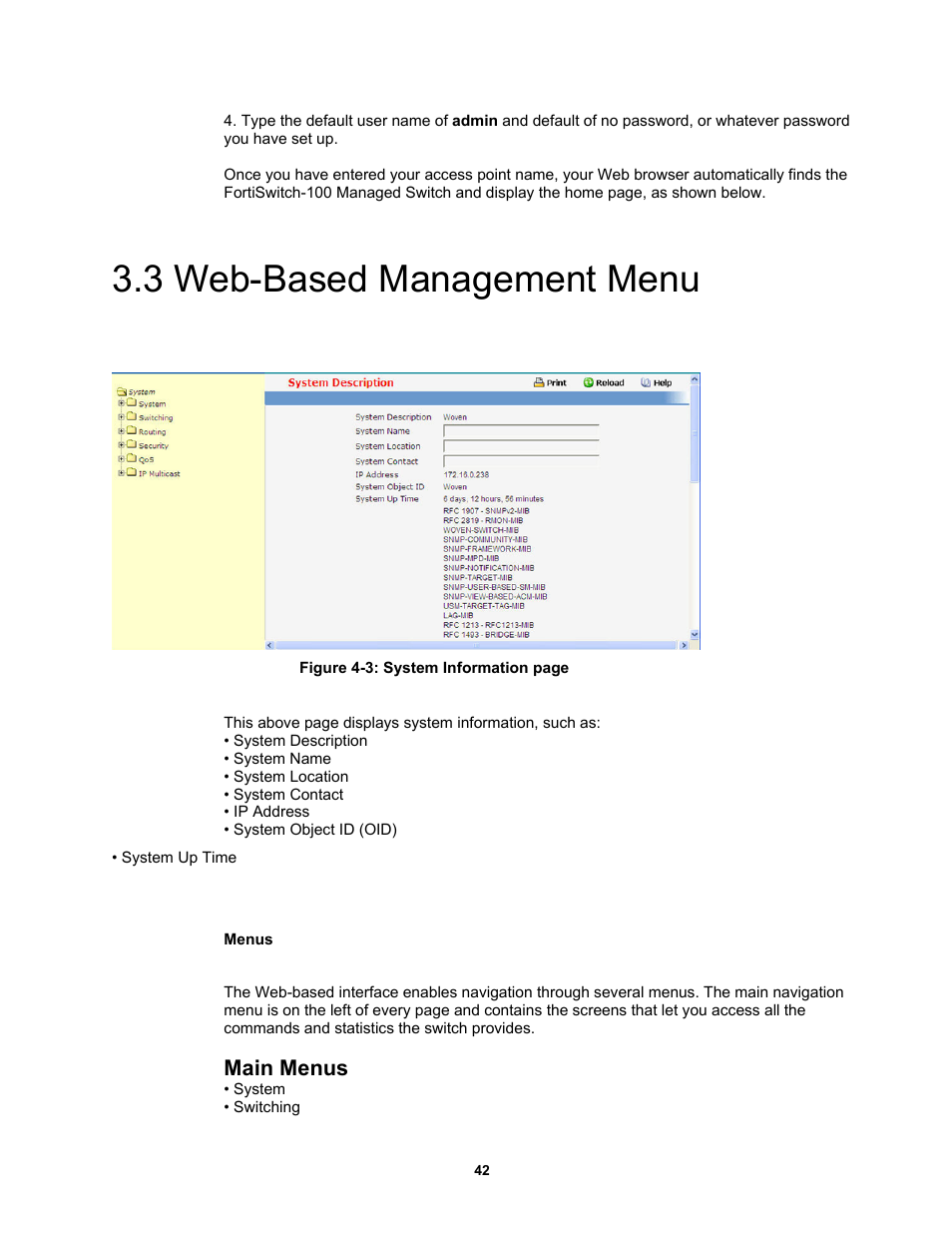 3 web-based management menu, Main menus | Fortinet MR1 User Manual | Page 42 / 640