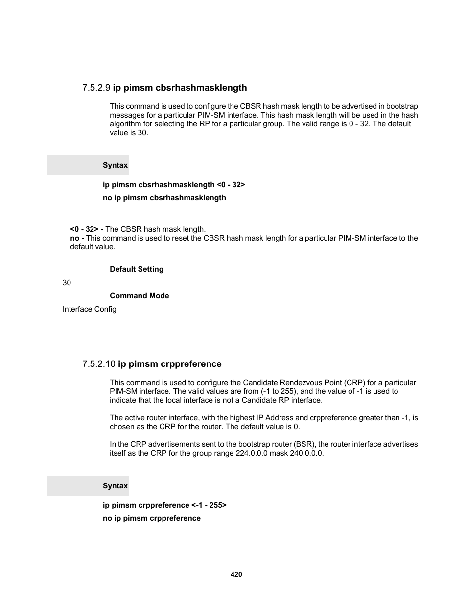 9 ip pimsm cbsrhashmasklength, 10 ip pimsm crppreference | Fortinet MR1 User Manual | Page 420 / 640