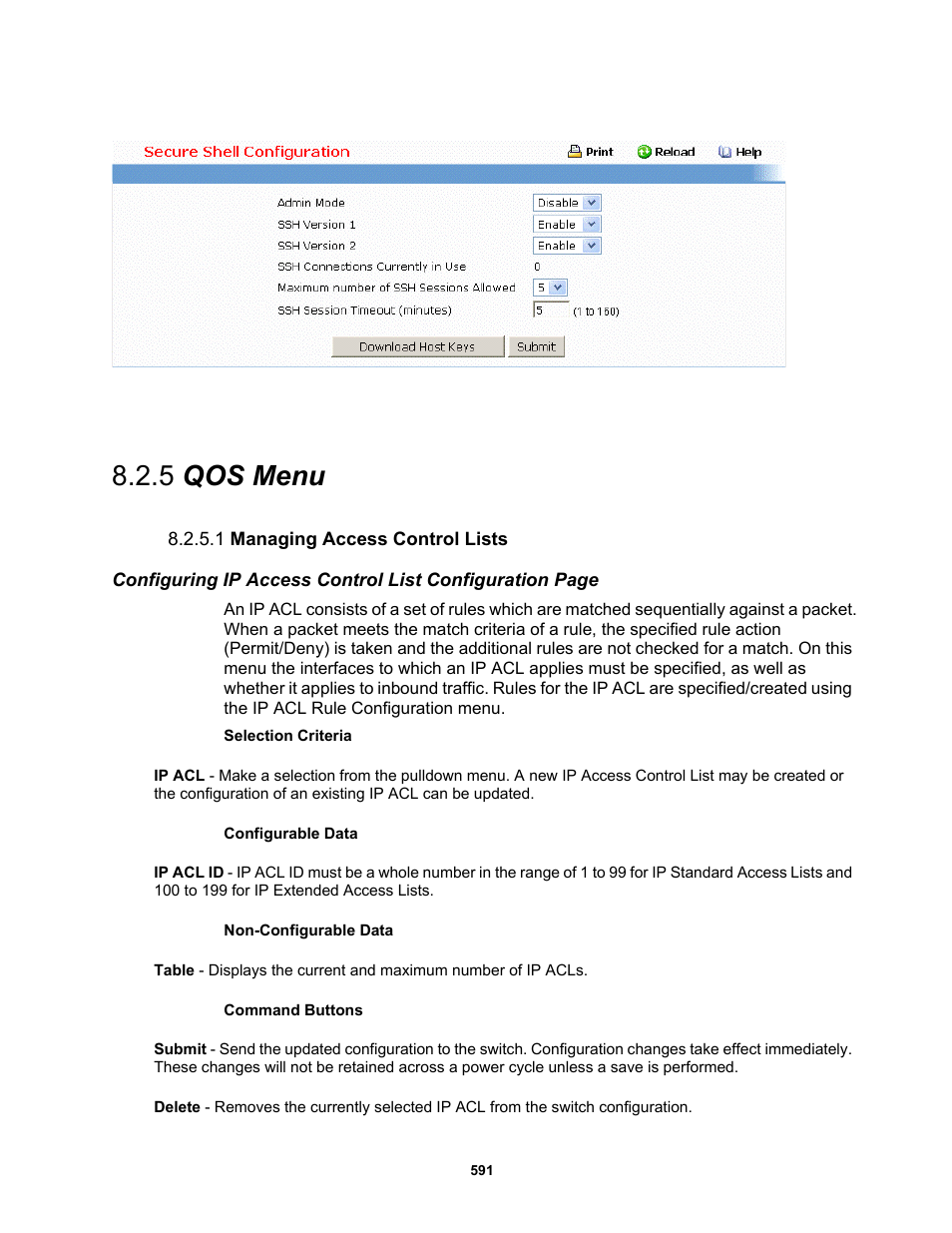 5 qos menu, 1 managing access control lists | Fortinet MR1 User Manual | Page 591 / 640