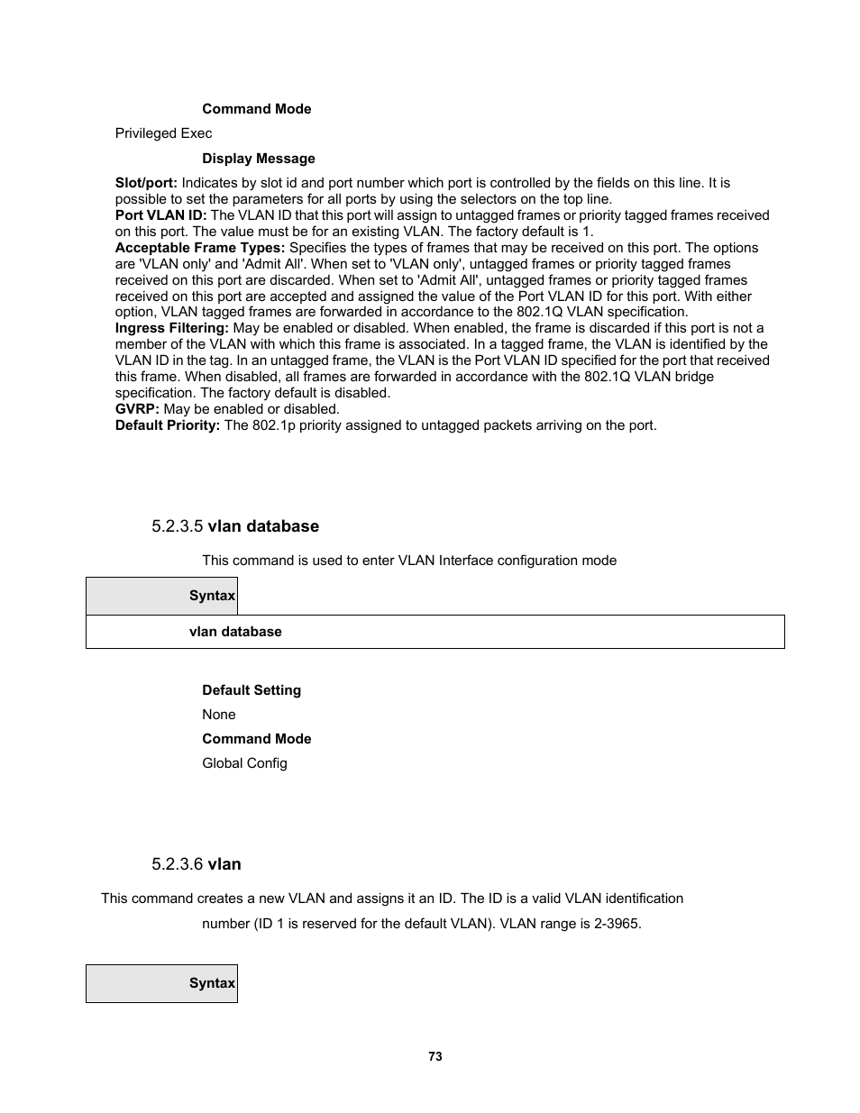 5 vlan database, 6 vlan | Fortinet MR1 User Manual | Page 73 / 640