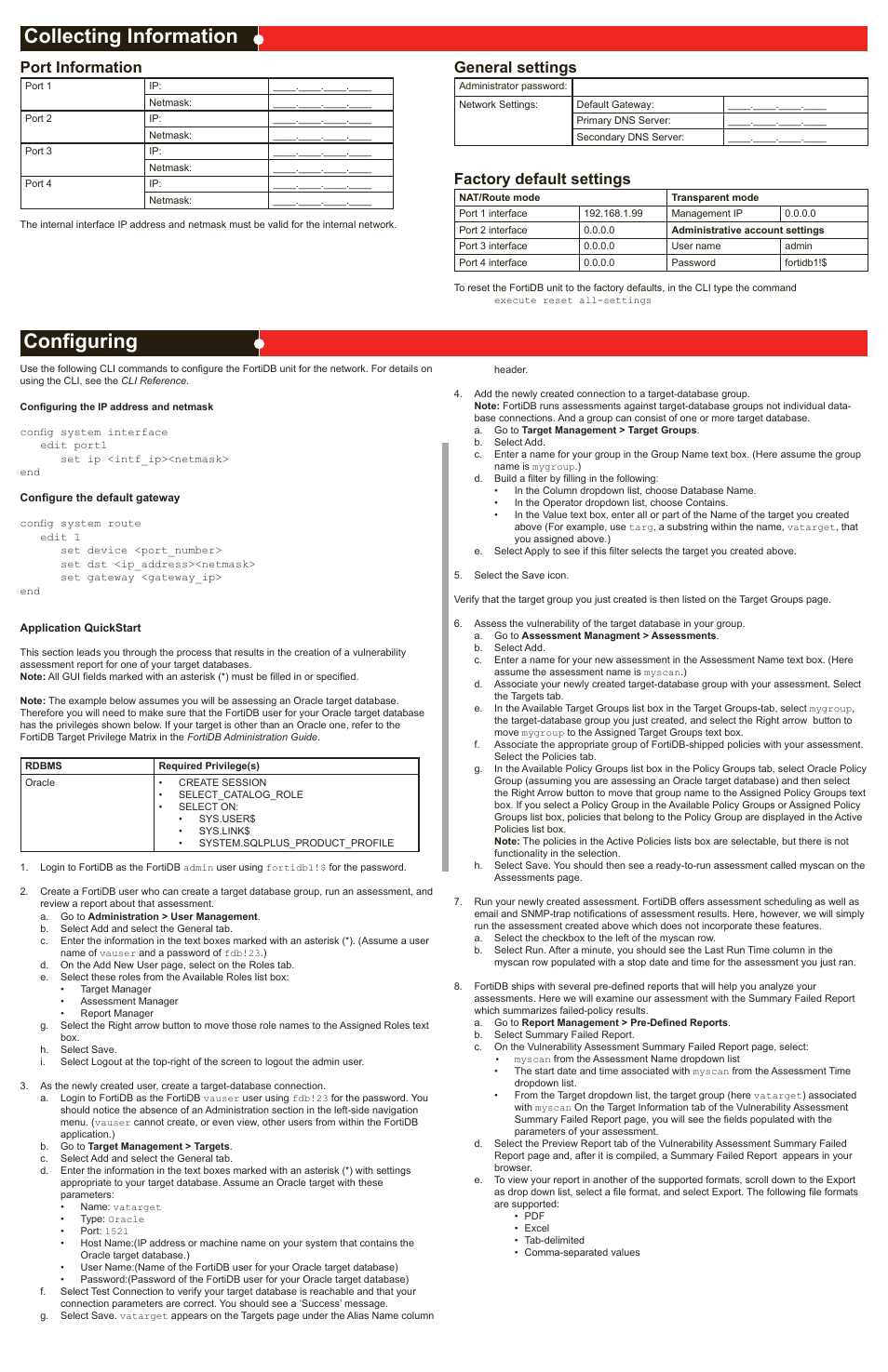 Collecting information configuring, Port information, General settings | Factory default settings | Fortinet FortiDB-1000B User Manual | Page 2 / 2