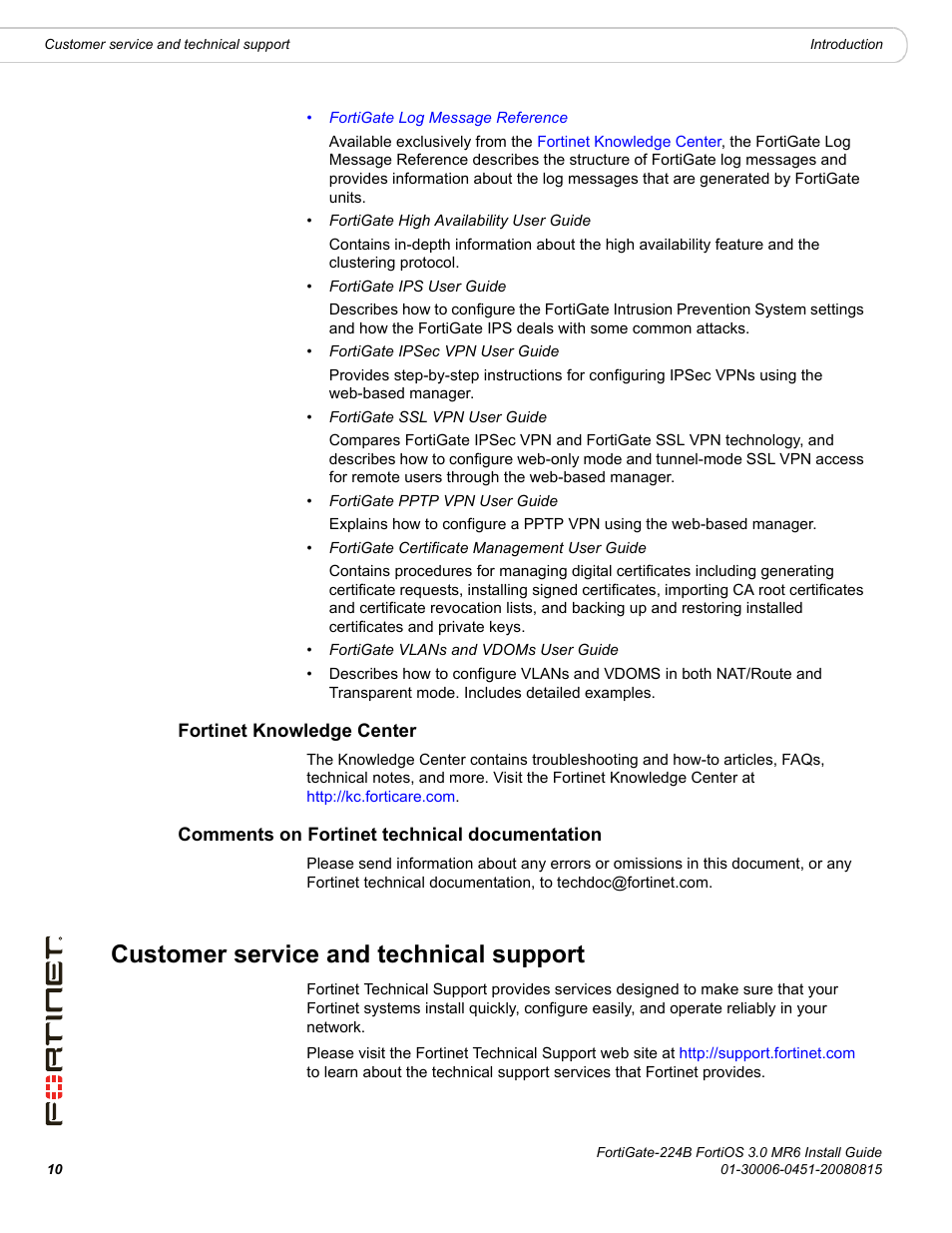 Fortinet knowledge center, Comments on fortinet technical documentation, Customer service and technical support | Fortinet FortiGate 224B User Manual | Page 10 / 54