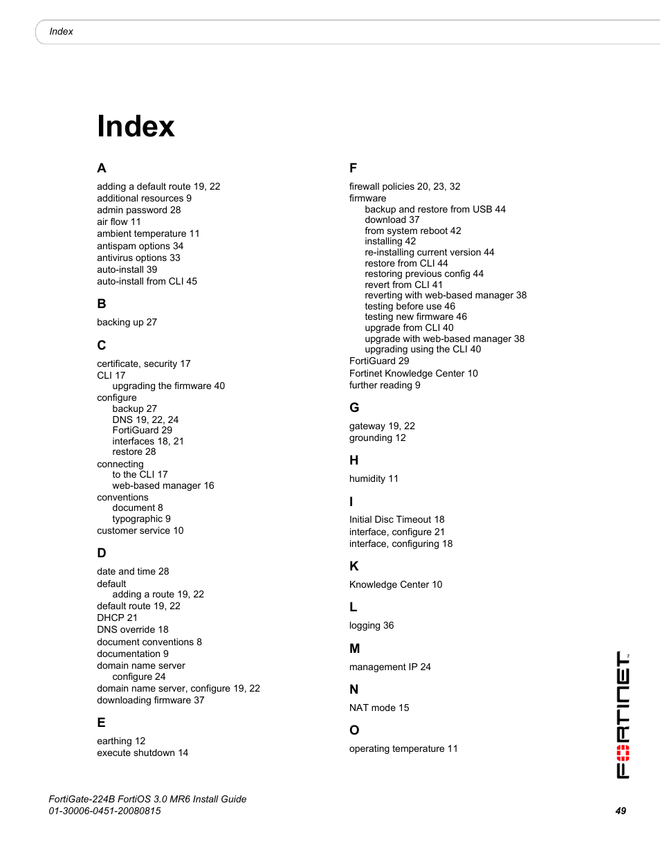 Index | Fortinet FortiGate 224B User Manual | Page 49 / 54