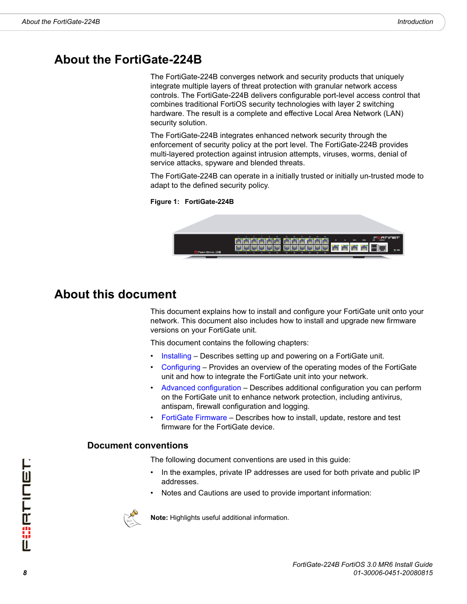 About the fortigate-224b, About this document, Document conventions | Figure 1: fortigate-224b | Fortinet FortiGate 224B User Manual | Page 8 / 54