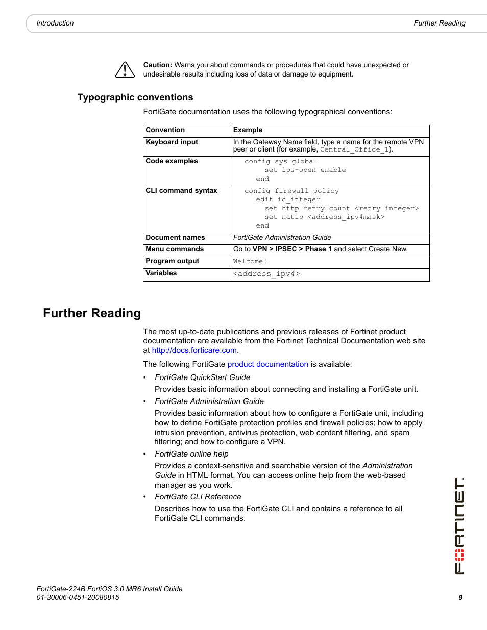 Typographic conventions, Further reading | Fortinet FortiGate 224B User Manual | Page 9 / 54