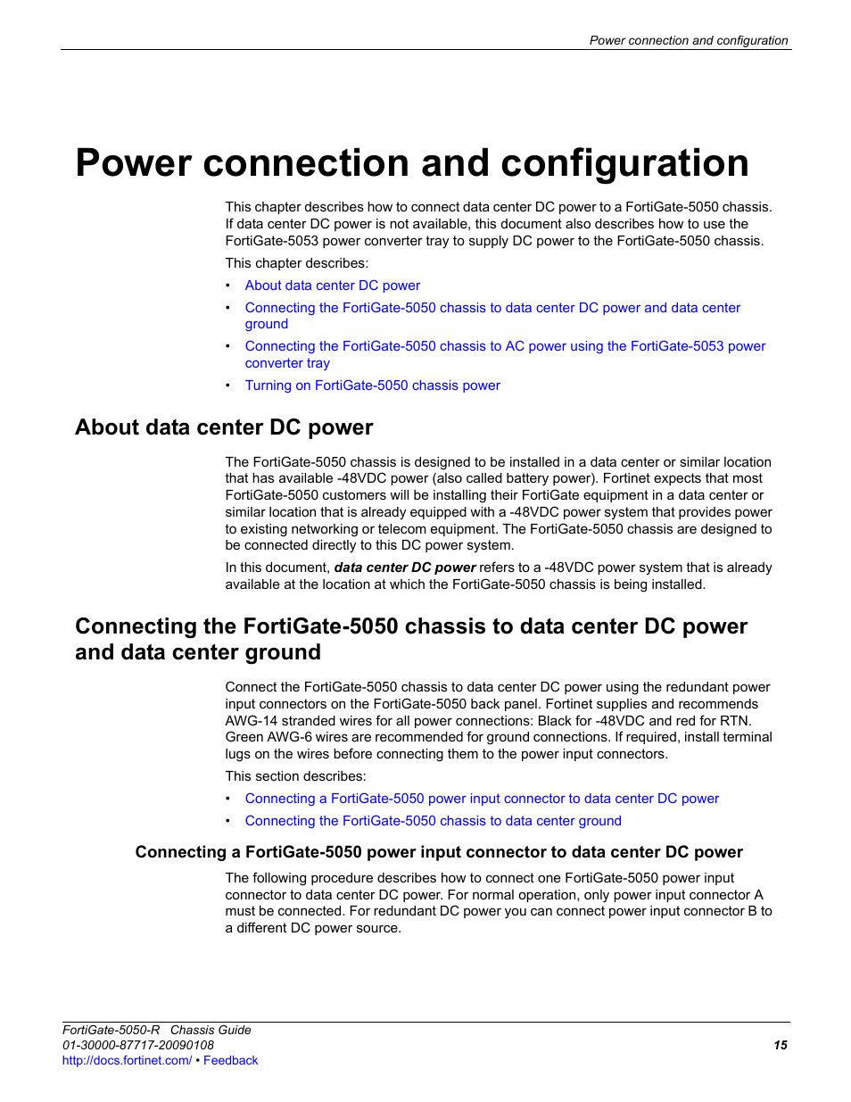 Power connection and configuration, About data center dc power | Fortinet FortiGate 5050-R User Manual | Page 15 / 28