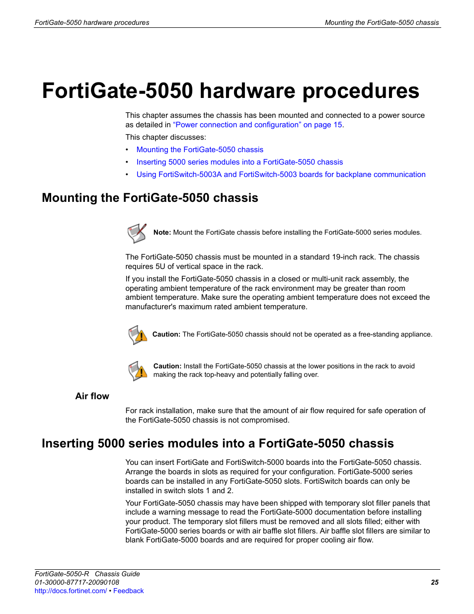 Fortigate-5050 hardware procedures, Mounting the fortigate-5050 chassis, Air flow | Fortinet FortiGate 5050-R User Manual | Page 25 / 28