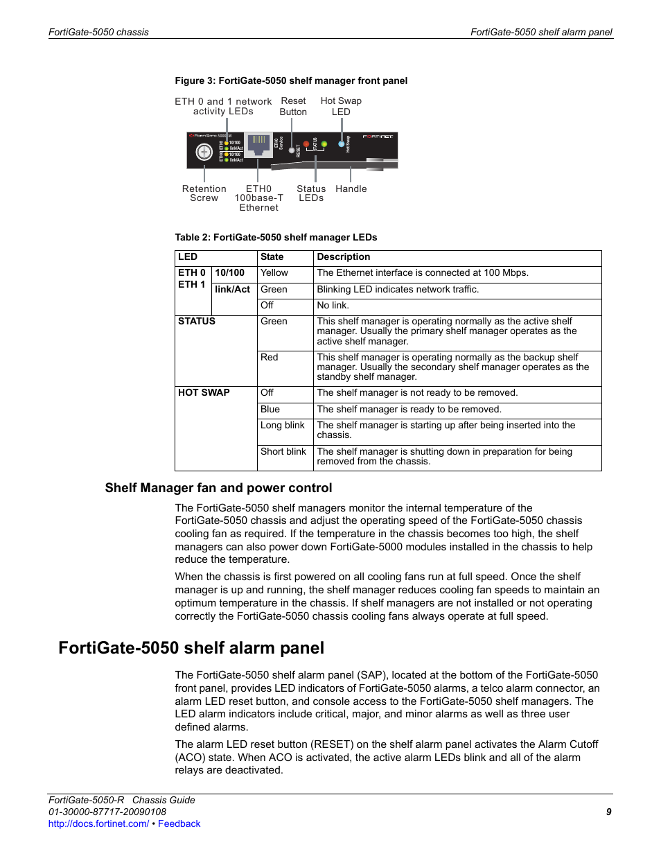 Shelf manager fan and power control, Fortigate-5050 shelf alarm panel | Fortinet FortiGate 5050-R User Manual | Page 9 / 28