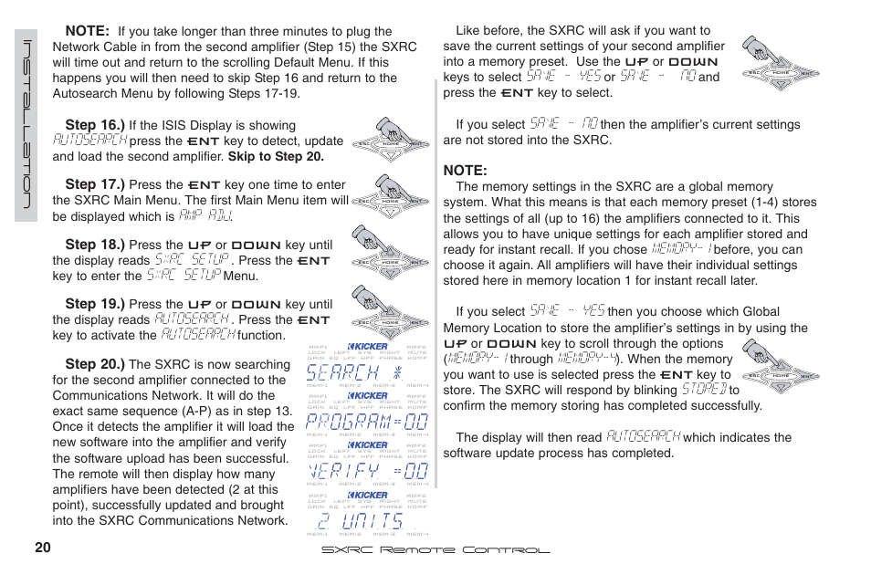 Autosearch, Amp adj, Sxrc setup | Save - yes, Save - no, Stored | Fortinet 2 SXRC User Manual | Page 20 / 88