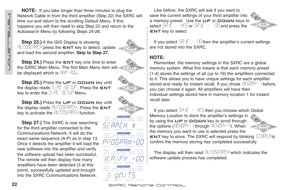 Save - yes, Save - no, Stored | Autosearch, Amp adj, Sxrc setup | Fortinet 2 SXRC User Manual | Page 22 / 88