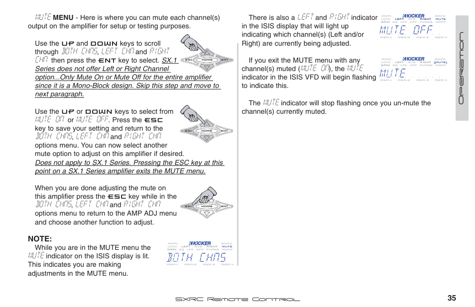 Left, Right, Mute on | Mute, Both chns, Left chn, Right chn, Mute off | Fortinet 2 SXRC User Manual | Page 35 / 88