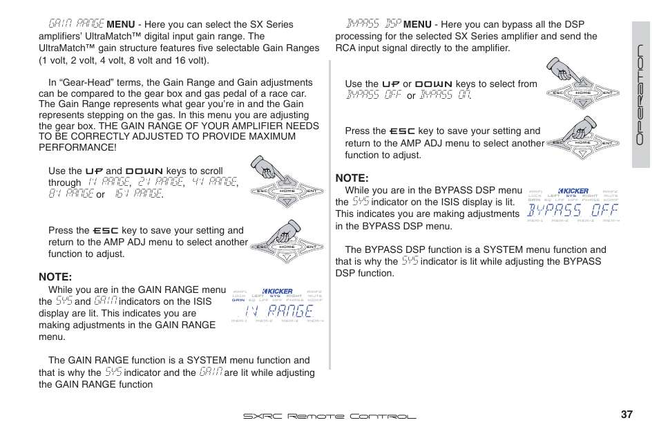 Bypass dsp, Bypass off, Bypass on | Gain range, 1v range, 2v range, 4v range, 8v range, 16v range, Gain | Fortinet 2 SXRC User Manual | Page 37 / 88