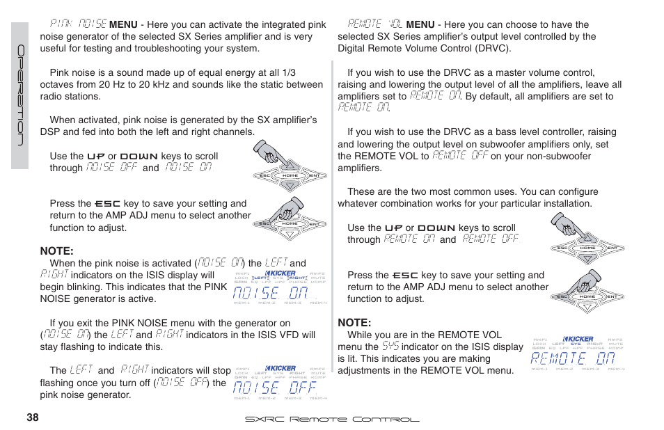 Pink noise, Noise off, Noise on | Left, Right, Remote vol, Remote on, Remote off | Fortinet 2 SXRC User Manual | Page 38 / 88