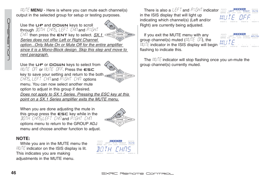 Left, Right, Mute on | Mute, Both chns, Left chn, Right chn, Mute off, Chns | Fortinet 2 SXRC User Manual | Page 46 / 88