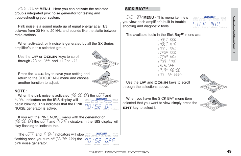 Pink noise, Noise off, Noise on | Left, Right, Sick bay, Volt now, Volt min, Volt max, Temp now | Fortinet 2 SXRC User Manual | Page 49 / 88