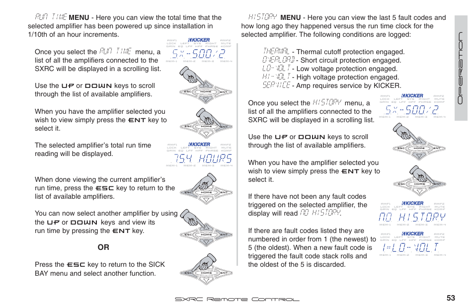 Run time, History, Thermal | Overload, Lo-volt, Hi-volt, Service, No history | Fortinet 2 SXRC User Manual | Page 53 / 88