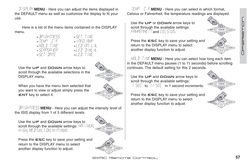 Display, Brightness, Maximum | High, Medium, Minimum, Temp. c/f, Fahrenheit, Celsius, Hold time | Fortinet 2 SXRC User Manual | Page 57 / 88