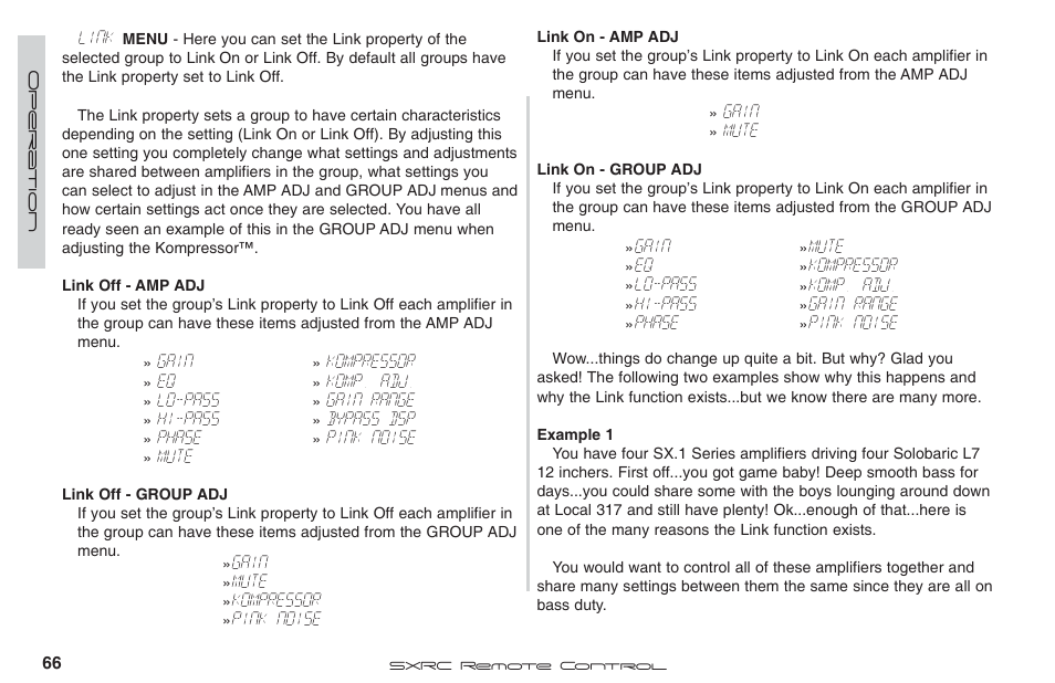 Link, Gain, Lo-pass | Hi-pass, Phase, Mute, Kompressor, Komp. adj, Gain range, Bypass dsp | Fortinet 2 SXRC User Manual | Page 66 / 88