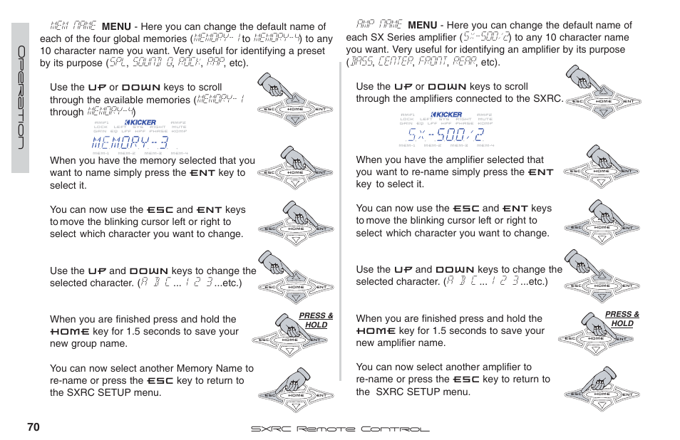 Mem name, Sound q, Rock | A b c, Amp name, Sx-500/2, Bass, Center, Front, Rear | Fortinet 2 SXRC User Manual | Page 70 / 88