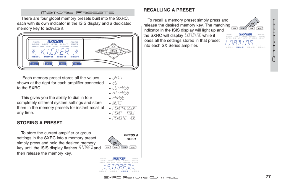 Loading, Stored, Gain | Lo-pass, Hi-pass, Phase, Mute, Kompressor, Komp. adj, Remote vol | Fortinet 2 SXRC User Manual | Page 77 / 88