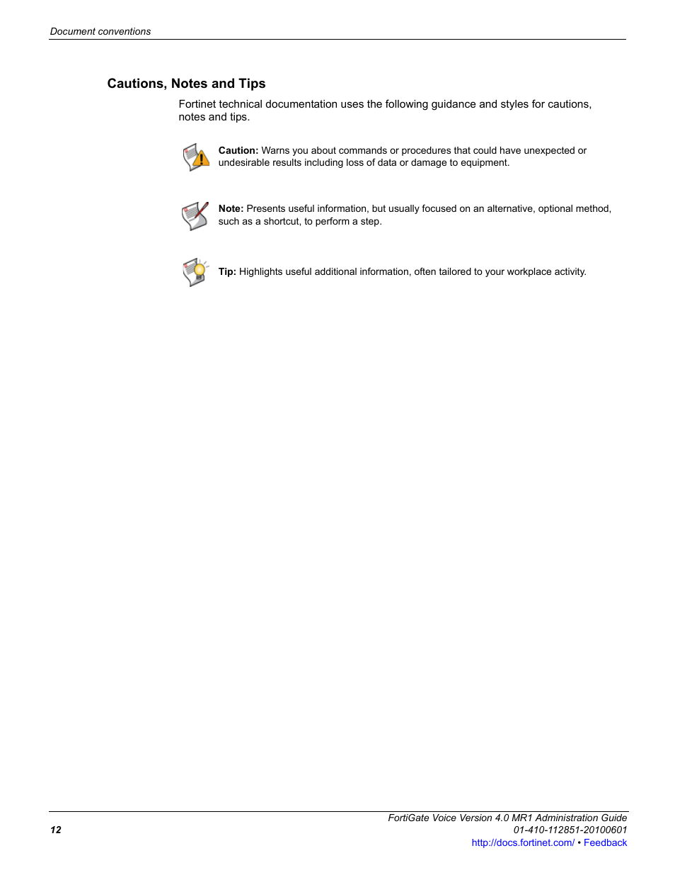 Cautions, notes and tips | Fortinet FortiGate Voice 4.0 MR1 User Manual | Page 12 / 60