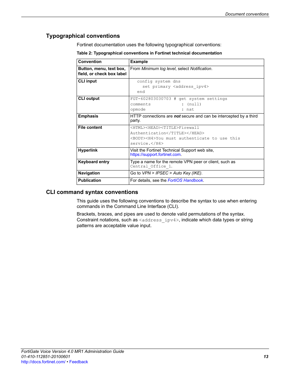 Typographical conventions, Cli command syntax conventions | Fortinet FortiGate Voice 4.0 MR1 User Manual | Page 13 / 60