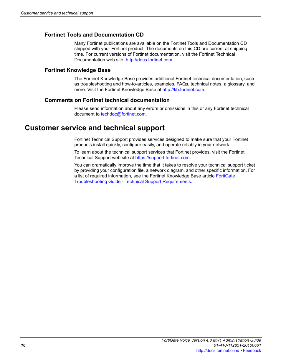 Fortinet tools and documentation cd, Fortinet knowledge base, Comments on fortinet technical documentation | Customer service and technical support | Fortinet FortiGate Voice 4.0 MR1 User Manual | Page 16 / 60