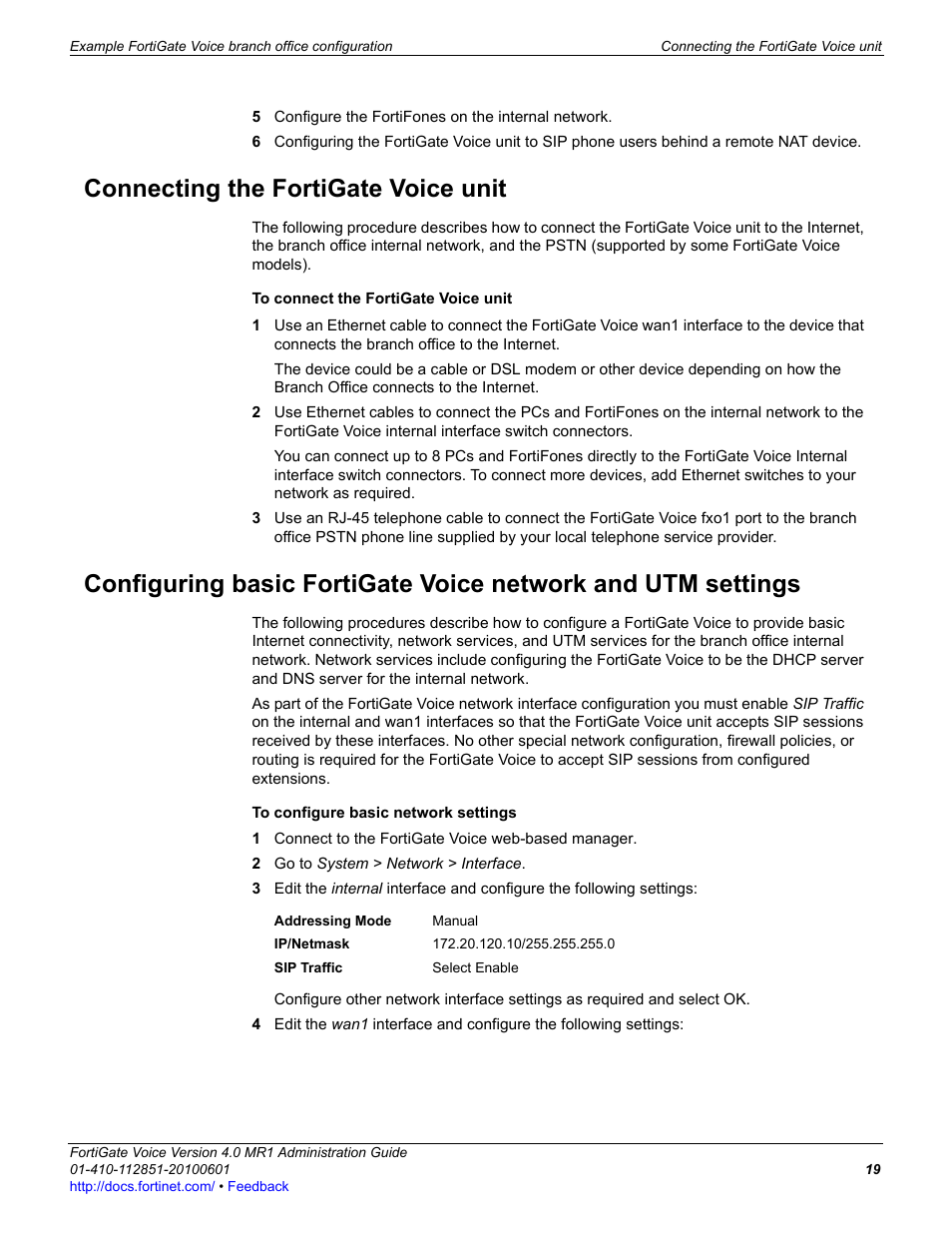 Connecting the fortigate voice unit | Fortinet FortiGate Voice 4.0 MR1 User Manual | Page 19 / 60