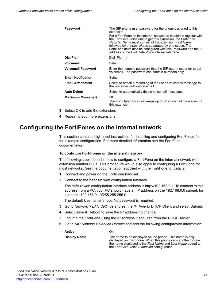 Configuring the fortifones on the internal network | Fortinet FortiGate Voice 4.0 MR1 User Manual | Page 27 / 60