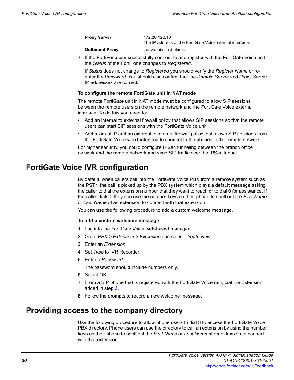 Fortigate voice ivr configuration, Providing access to the company directory | Fortinet FortiGate Voice 4.0 MR1 User Manual | Page 30 / 60