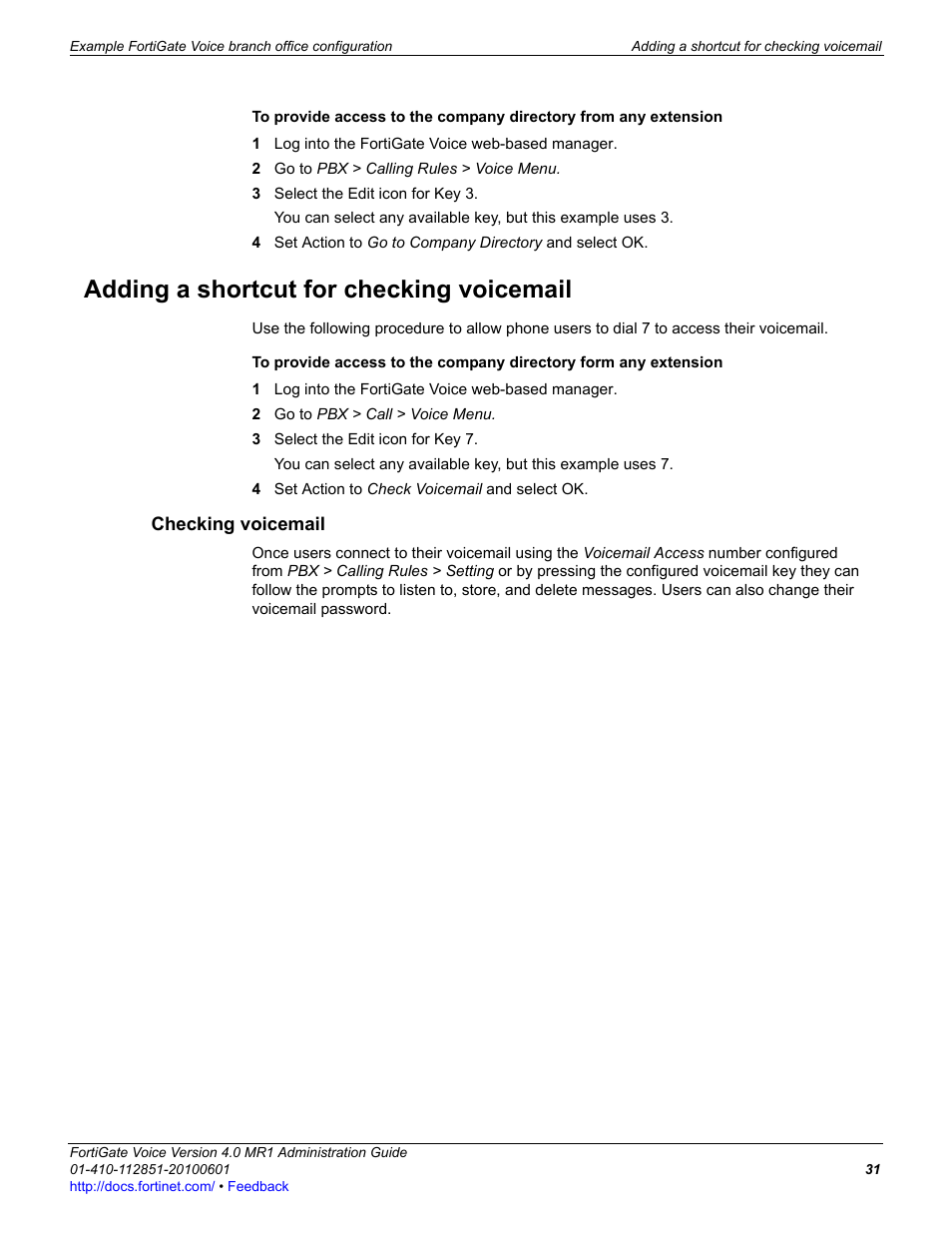 Adding a shortcut for checking voicemail, Checking voicemail | Fortinet FortiGate Voice 4.0 MR1 User Manual | Page 31 / 60