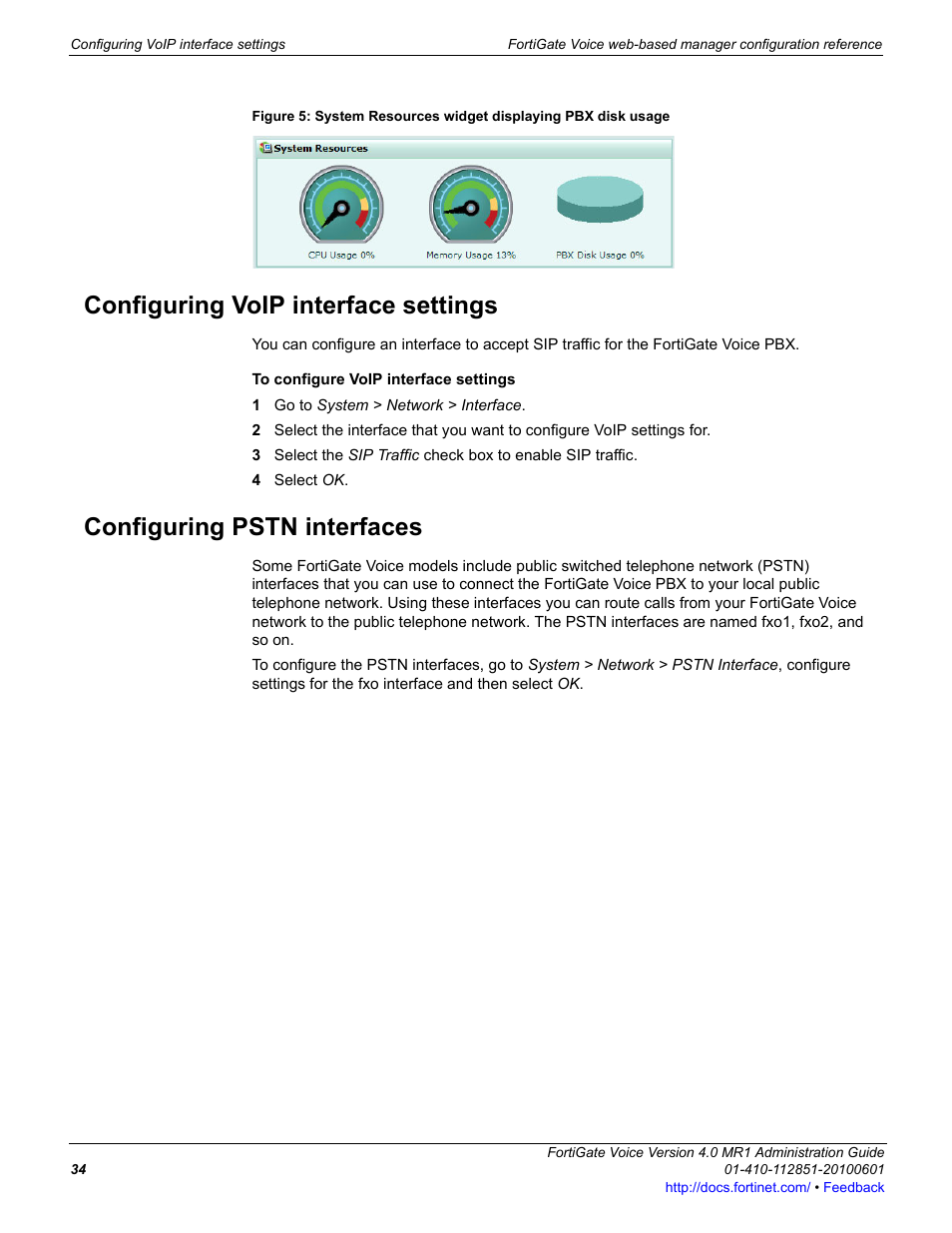 Configuring voip interface settings, Configuring pstn interfaces | Fortinet FortiGate Voice 4.0 MR1 User Manual | Page 34 / 60