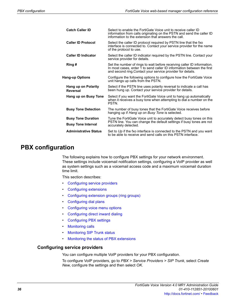 Pbx configuration, Configuring service providers | Fortinet FortiGate Voice 4.0 MR1 User Manual | Page 36 / 60