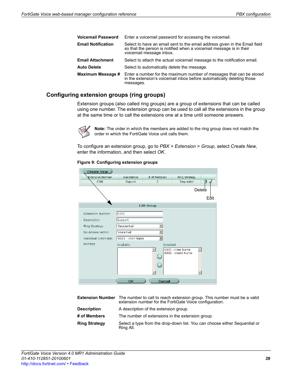Configuring extension groups (ring groups) | Fortinet FortiGate Voice 4.0 MR1 User Manual | Page 39 / 60