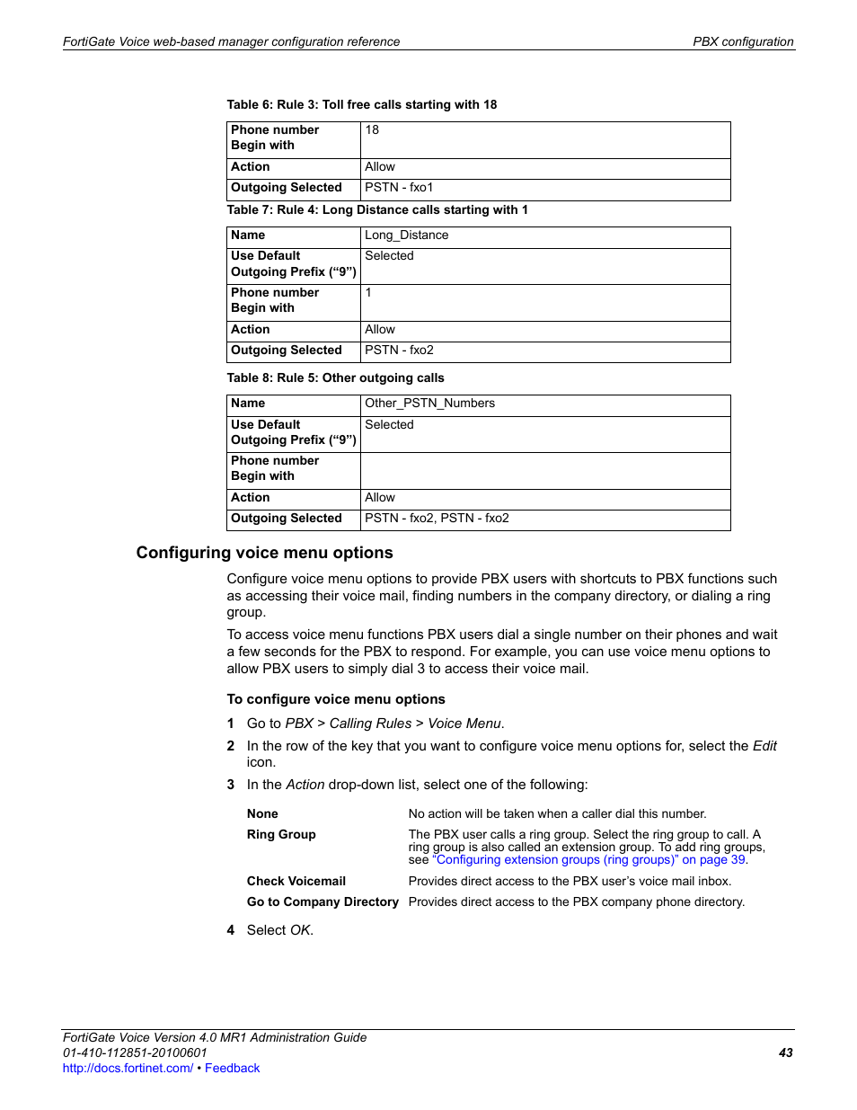 Configuring voice menu options | Fortinet FortiGate Voice 4.0 MR1 User Manual | Page 43 / 60