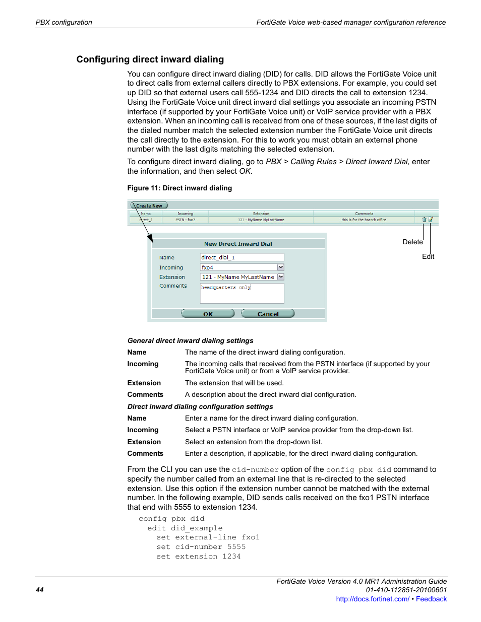 Configuring direct inward dialing | Fortinet FortiGate Voice 4.0 MR1 User Manual | Page 44 / 60