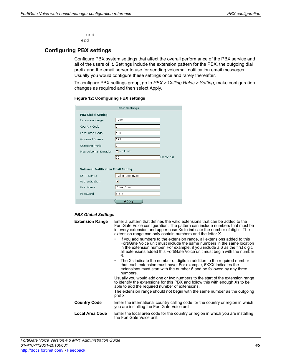 Configuring pbx settings | Fortinet FortiGate Voice 4.0 MR1 User Manual | Page 45 / 60