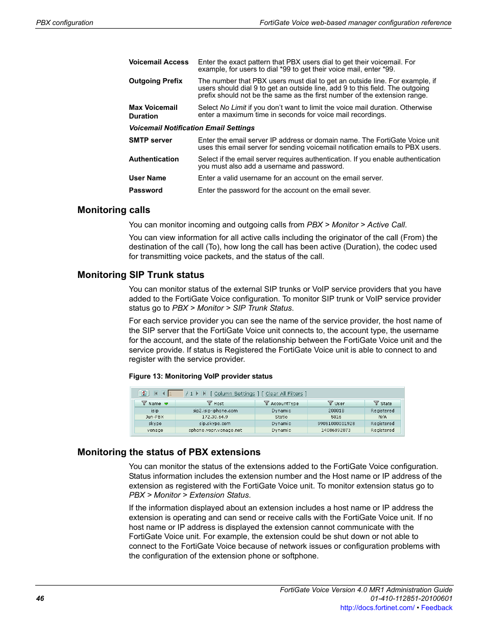 Monitoring calls, Monitoring sip trunk status, Monitoring the status of pbx extensions | Fortinet FortiGate Voice 4.0 MR1 User Manual | Page 46 / 60