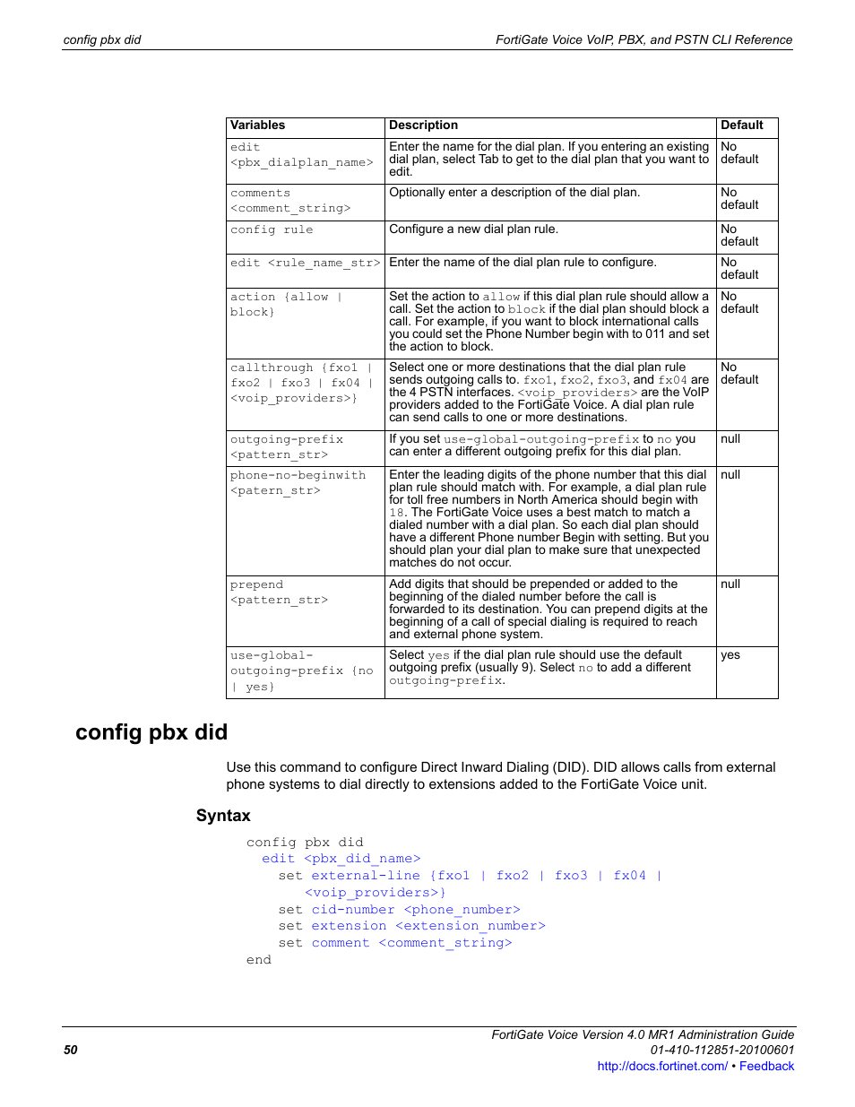 Config pbx did, Syntax, Edit <pbx_dialplan_name | Comments <comment_string, Config rule, Edit <rule_name_str, Action {allow | block, Callthrough {fxo1 | fxo2 | fxo3 | fx04, Voip_providers, Outgoing-prefix <pattern_str | Fortinet FortiGate Voice 4.0 MR1 User Manual | Page 50 / 60