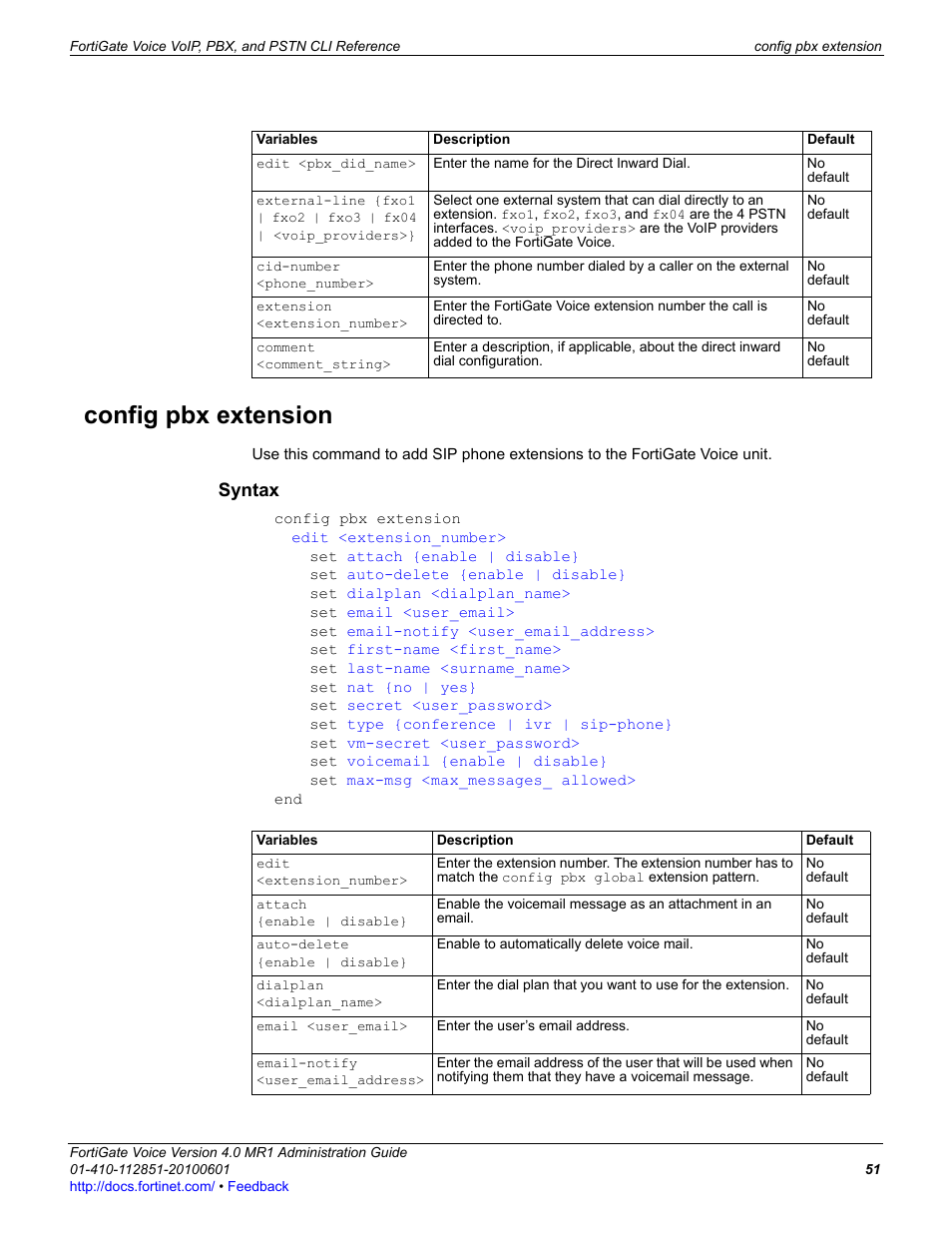 Config pbx extension, Syntax | Fortinet FortiGate Voice 4.0 MR1 User Manual | Page 51 / 60