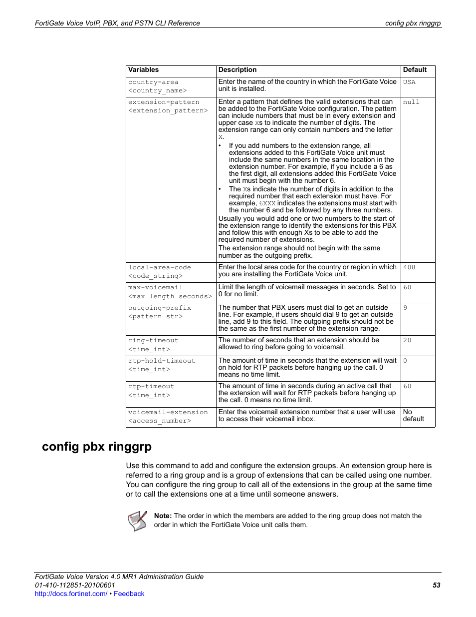 Config pbx ringgrp, Country-area <country_name, Extension-pattern <extension_pattern | Local-area-code <code_string, Max-voicemail <max_length_seconds, Outgoing-prefix <pattern_str, Ring-timeout <time_int, Rtp-hold-timeout <time_int, Rtp-timeout <time_int, Voicemail-extension <access_number | Fortinet FortiGate Voice 4.0 MR1 User Manual | Page 53 / 60